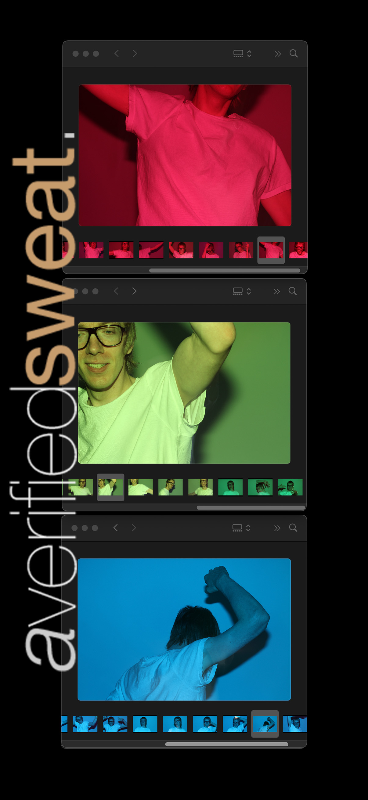 Three different photos of A Verified Sweat